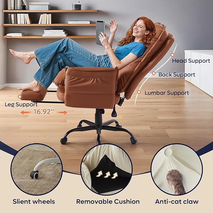 Bestier Cross Legged Office Chair with Footrest, High Back Criss Cross Chair with Reversible Armrests and Wheels, Big and Tall Reclining Office Chair for Home PU Leather Brown
