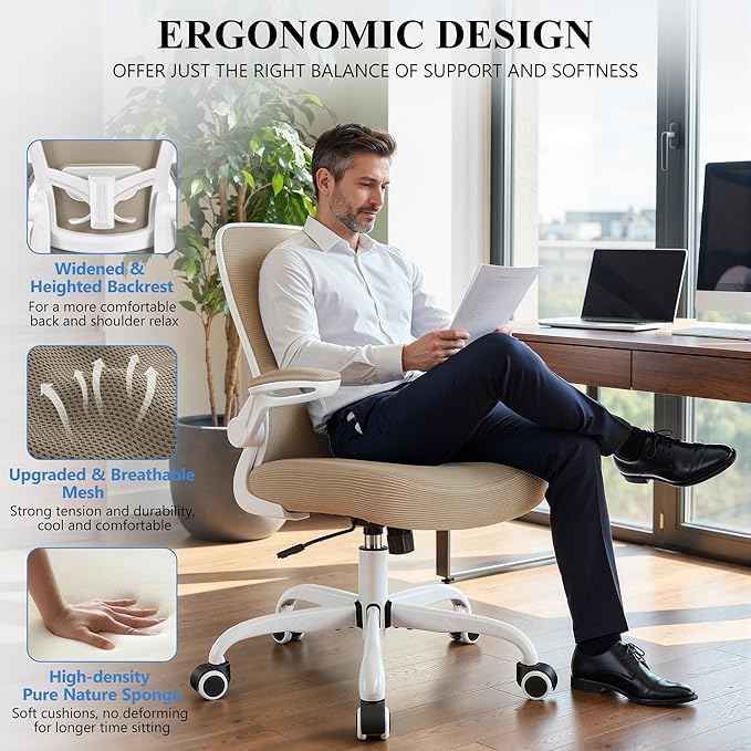FelixKing Office Chair, Ergonomic Desk Chair Breathable Mesh Chairs Adjustable High Back Lumbar Support Flip-up Armrests, Executive Rolling Swivel Comfy Computer Chairs Home Office Khaki