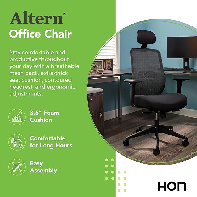 HON Altern Ergonomic Office Chair with Headrest, Arms, Wheels, Foam Cushion Seat, Mid Back Home Office Desk Chair Comfy, Gaming Chair, Height Adjustable Arms, Synchro-Tilt, Black Frame, Fog