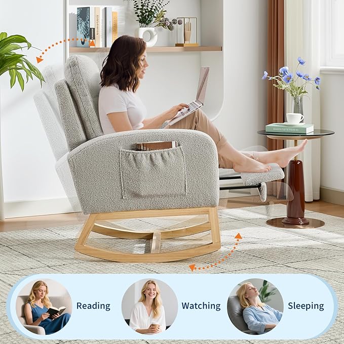 Rocking Chair Nursery, Nursing Rocking Chairs with Foot Rest for Mom Nursery,Rocker Glider Chair with High Backrest for Living Room, Bedroom, Upholstered Lounge Chair with Solid Wood Base for Relaxin