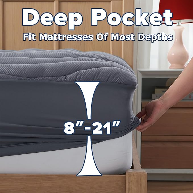 ELVEN HOME King Mattress Pad for Back & Hip Pain Relief, Pillow Top Cooling Bed Topper Quilted Fitted, Hotel Quality Deep Pocket Soft King Mattress Protector Cover Washable (78x80 inch, Grey)