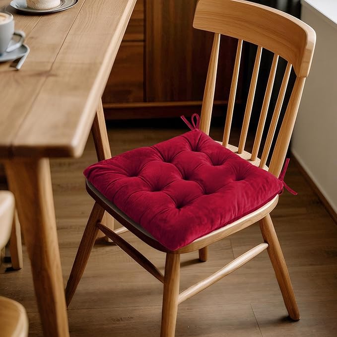 ELFJOY 4 Pack Chair Cushions for Dining Chairs Chair Pads Cushion for Kitchen Office Tufted Square Seat Cushion with Ties (16" Burgundy Velvet)