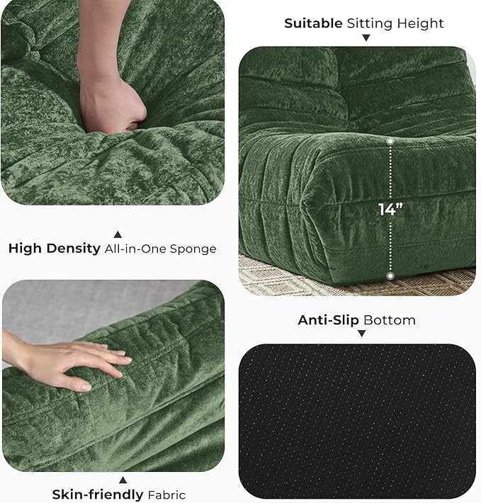 HABUTWAY Bean Bag Chair, Giant Bean Bag Chairs for Adults, Loveseat Fireside Chair, 2 Seater Lazy Bean Bag Sofa Memory Foam Couch for Living Room, Bedroom, Office (Green)