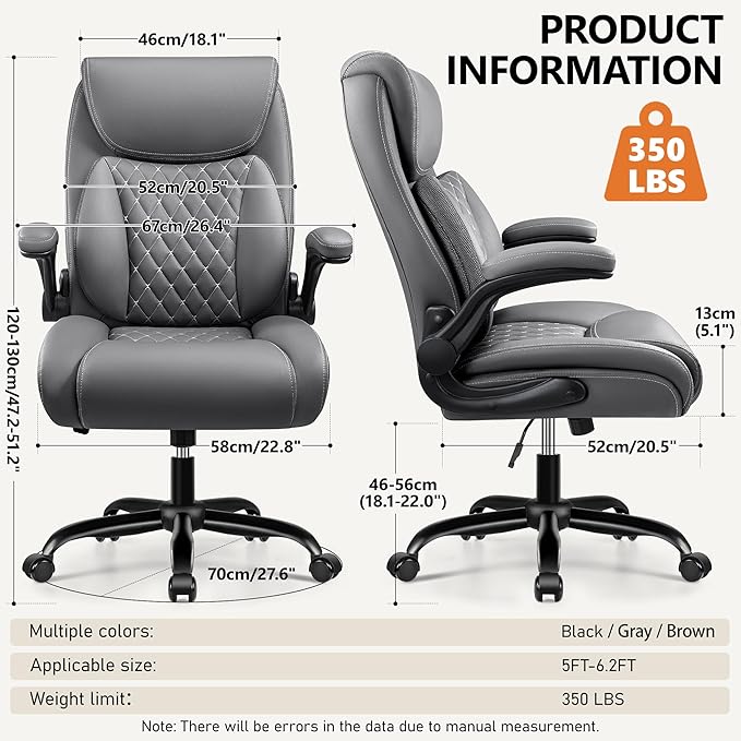 BESTFAIR Office Chair, Ergonomic Computer Desk Chairs with Lumbar Support for Lower Back Pain Relief, Executive Leather Home Chair Comfy with Padded Flip-up Armrests, Gray, 4-Pack