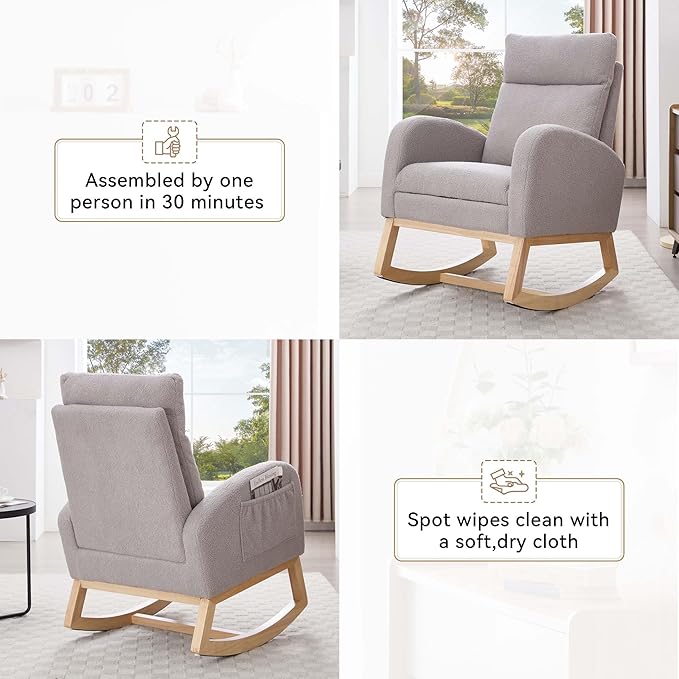 40" Teddy Nursing Rocking Chair, Nursery Chairs with Adjustable Foot Rest, High Backrest Upholstered Arm Chair with Side Pockets, Wood Rocking Chair for Living Room, Bedroom, Baby Room (Light Gray)