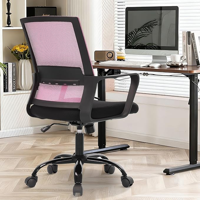 Ergonomic Office Chair, Comfortable Home Desk Chair, Breathable Mesh Back Computer Chair and Lumbar Support, Adjustable Height, Sponge Seat, Pink