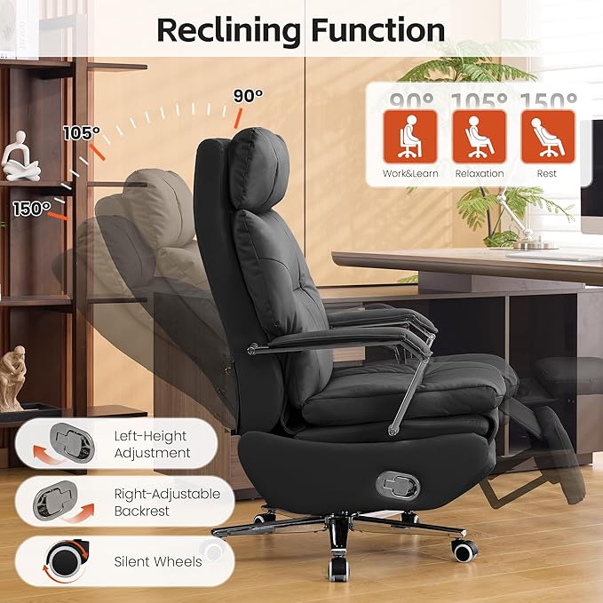 Big and Tall Executive Office Chairs with Footrest, Ergonomic 360° Swivel Desk Chair High Back Recliner, Manual 150° Reclining Computer Gaming Chair with Wheels for Home Office Faux Leather, Black