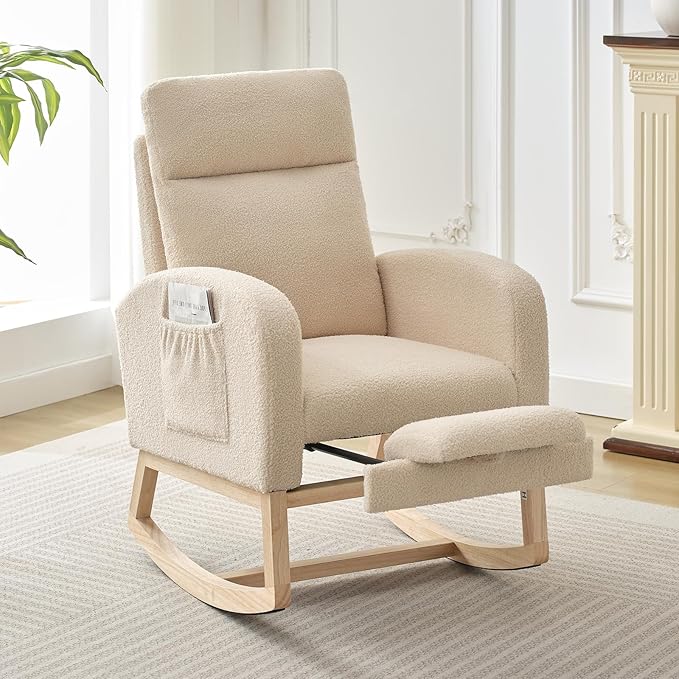 Nursery Rocking Chair with Foot Rest, High Back Upholstered Glider Rocker Chair, Solid Wood Base Lounge Chair for Mom Feeding, Living Room Bedroom Relaxation