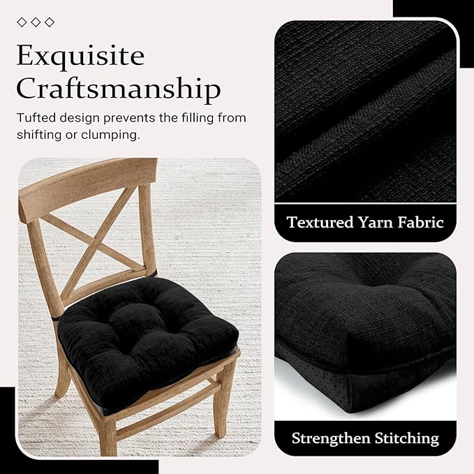 Wellsin Chair Cushions for Dining Chairs, Non-Slip Kitchen Chair Pads with Ties, Tufted Shredded Foam Kitchen Chair Cushions Set of 2, 15.5" X 15.5", Black