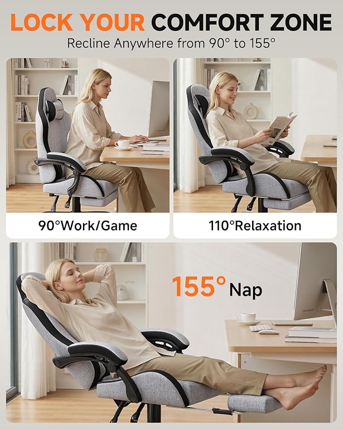 GTPLAYER Gaming Chair with Footrest, Computer Gaming Chair for Adults and Kids, Height Adjustable Gamer Chair with 90-155° Recline & Removable Headrest Lumbar Support,Linen Fabric Gray-Black