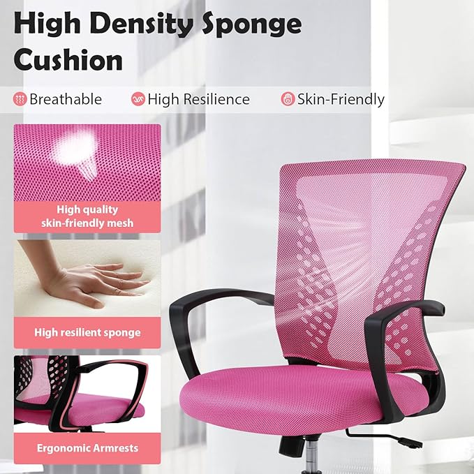 Ergonomic Office Chair - Soft Mesh Computer Chair with Lumbar Support & Adjustable Arms, Modern Mid Back Swivel Chair for Home Office, Comfortable & Stylish for Women (Pink)