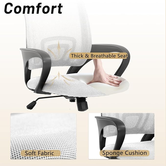 Office Chair,Work Chairs for Home Office,Ergonomic Desk Chair with Lumbar Support,Mesh Office Chair with Arm and Wide Comfortable Seat,Adjustable Rolling Office Chair,White