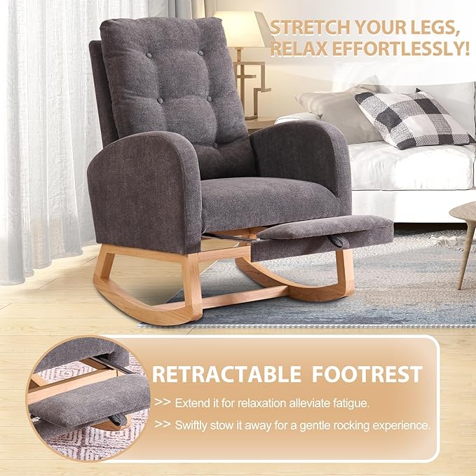 cinkehome Nursery Rocking Chair with Retractable Foot Rest, Glider Rocking Chair with Solid Wood Legs, High Back, Button Decors, Mid Century Rocker Chair, Grey