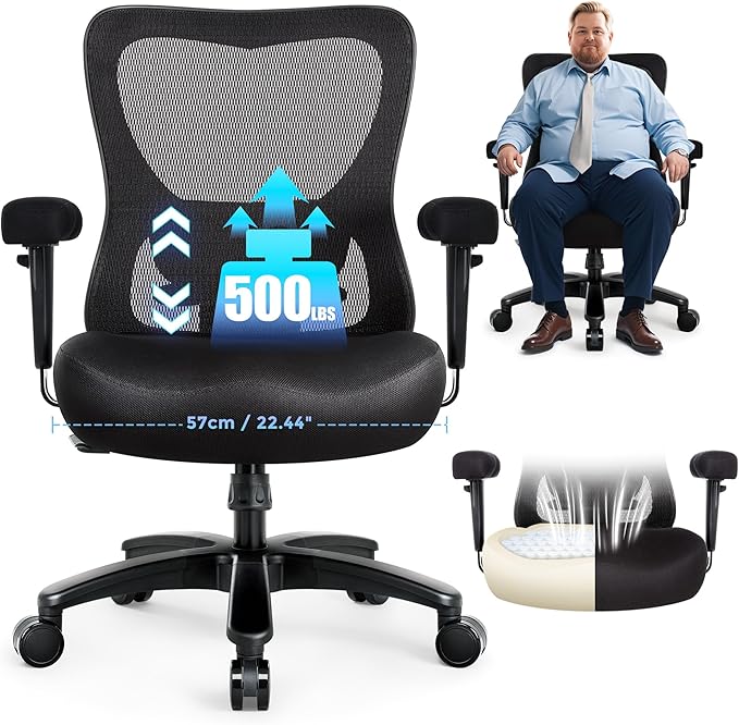 Big and Tall Office Desk Chair 500lbs, Ergonomic Heavy Duty Mesh Desk Chair, Executive Swivel Task Computer Chairs for Home Office, Adjustable Lumbar Support and Armrests (Black)