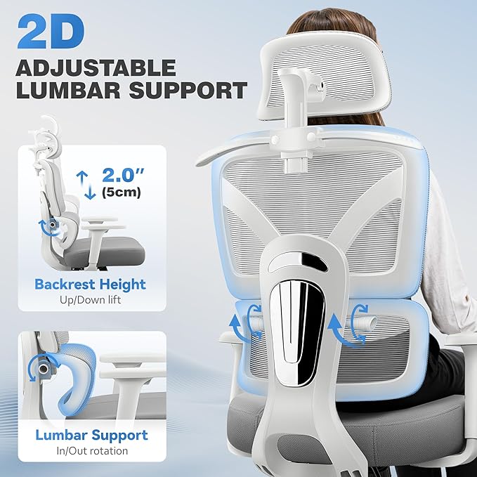 Ergonomic Office Desk Chair, High Back Mesh Office Chair with Adjustable Lumbar Support, 3D Headrest, Big and Tall Home Computer Desk Chairs Comfy for Work, Gaming, 300lbs, (Gray, 2 Pack)