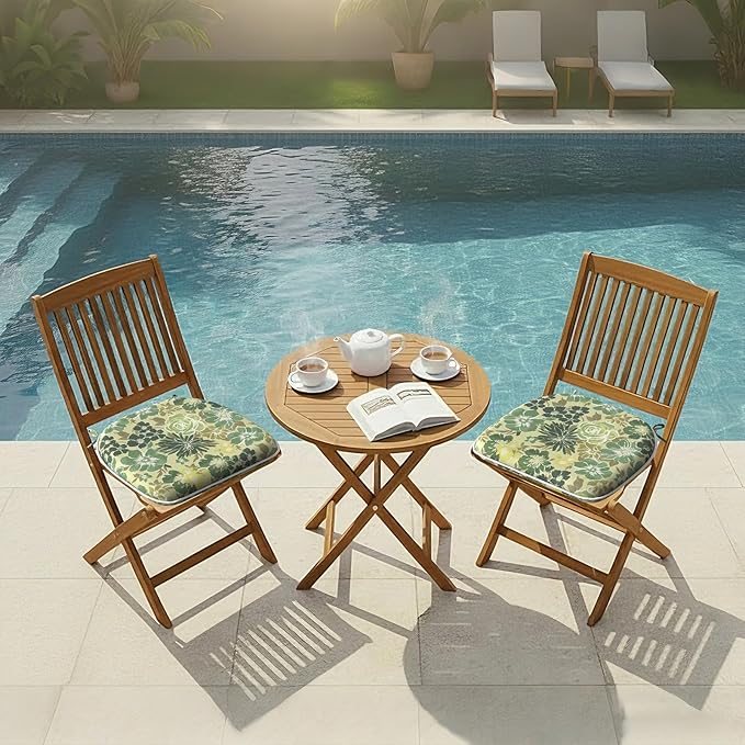DYTXIII Set of 2 Outdoor Chair Cushions with Ties, Water Repellent Patio Chair Pads 17"x 16" for Outdoor Furniture, Round Corner Seat Cushions for Garden Yard Kitchen Green Rose