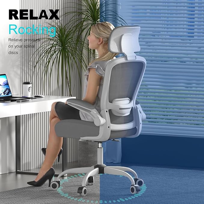 Mimoglad Office Chair, High Back Ergonomic Desk Chair with Adjustable Lumbar Support and Headrest, with flip-up Armrests for Guitar Playing, 5 Years Warranty (Modern, Charcoal (White Frame))