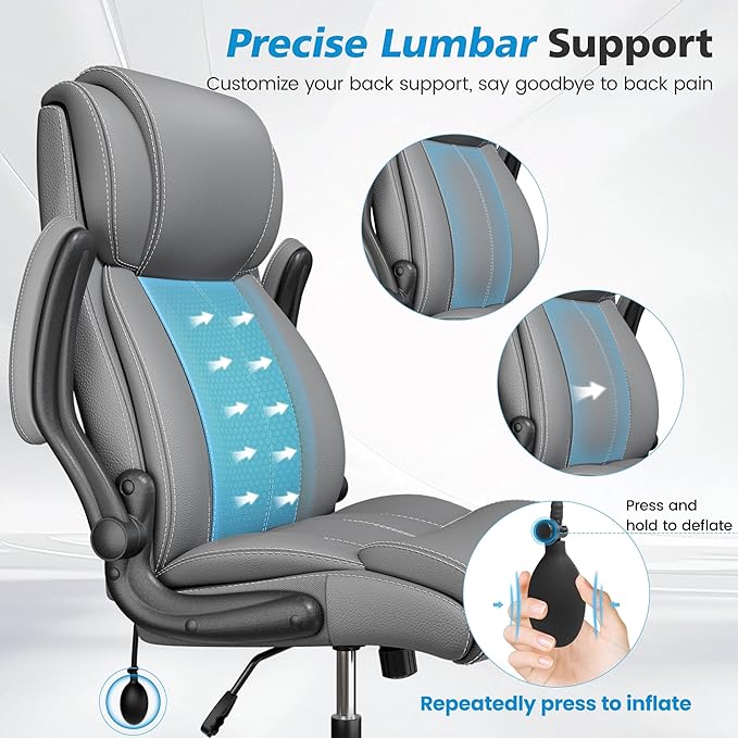 Ergonomic Office Chair – High Back Computer Desk Chair with Inflatable Lumbar Support & Flip-Up Arms, Heavy Duty PU Leather Executive Chair, Wide Seat, Long Hours, Light Gray
