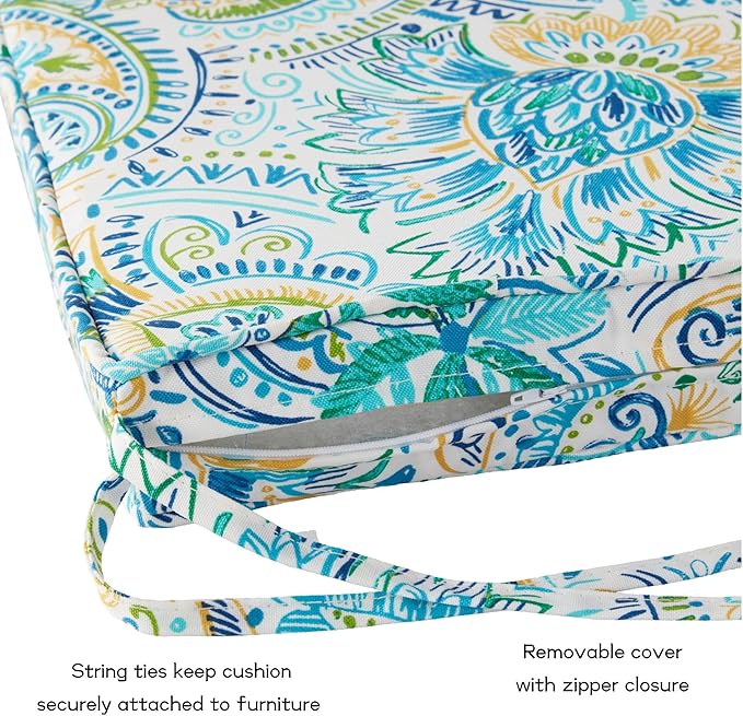 Outdoor 18 inch Square Patio Dining Chair Pads – Comfortable Fiber-Filled Seat Cushions with Ties, Reversible Polyester Fabric - Baltic Paisley, Set of 2