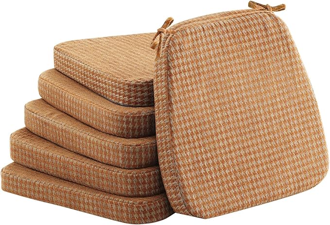2'' Thick High-Density Foam Indoor Chair Cushions | Dining Chair Pads with Ties, Removable Washable Cover, Kitchen Chair Cushions 17"x16", Orange Plaid 6 Pack