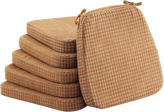 2'' Thick High-Density Foam Indoor Chair Cushions | Dining Chair Pads with Ties, Removable Washable Cover, Kitchen Chair Cushions 17"x16", Orange Plaid 6 Pack