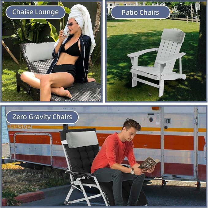 Chaise Lounge Head Pillow, 2 Pack Outdoor Lounge Chair Pillows with Adjustable Strap Water Resistant Longue Head Pillow Headrest Pillows for Patio Backyard Beach Pool Garden Recliner(Gray)
