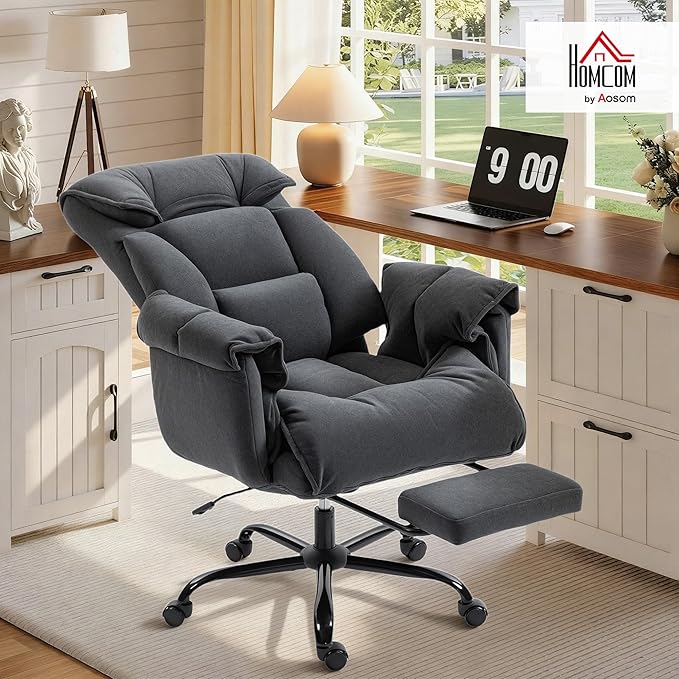 HOMCOM Executive Office Chair Comfy with Foot Rest, Reclining Swivel Computer Desk Chair with High Folding Back, Thick Cushion, Padded Armrest, Adjustable Height, Rolling Wheels, Dark Gray