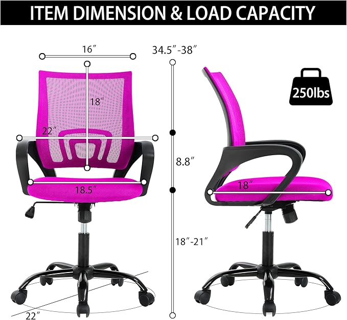 Ergonomic Desk Chair for Back Pain Relief - Supportive Mesh Back with Adjustable Height & Tilt Function, Metal Base, Pink
