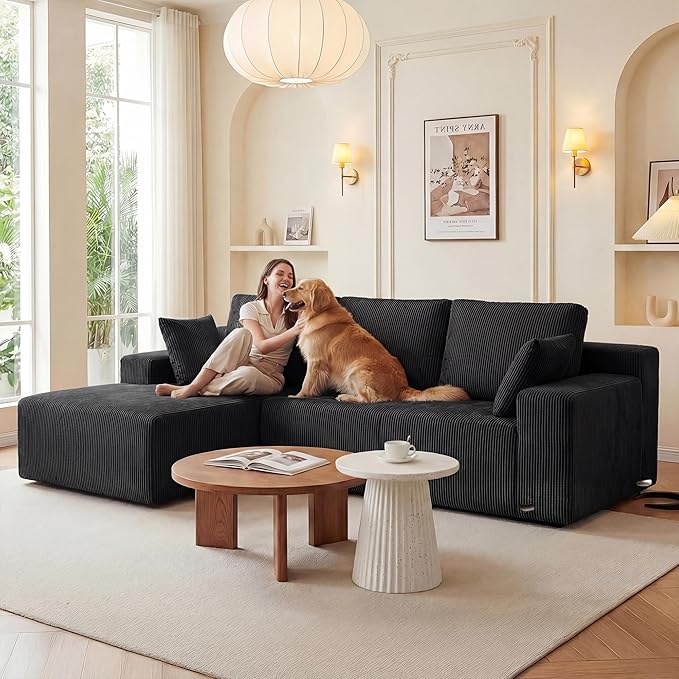 GRUSIGN Cloud Sectional Boneless Couches for Living Room, Modular L Shaped Couch with Deep Seat Oversized Left Facing Chaise, Memory Foam Compressed Spineless 3 Seater Sofa for Apartment, Black | No Assembly Required, Deep Seat, Cat-Claw Resistant, Hig...