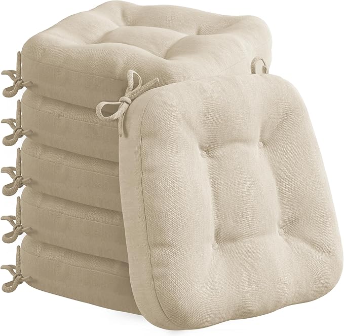 Codi 6 Pack Dining Chair Cushions, Thick Chairs Pads for Indoor Kitchen Room - Washable, Non-Slip Memory Foam Seat Cushion with Ties, 16.5"x16.5"x 3.5", Set of 6, Beige New