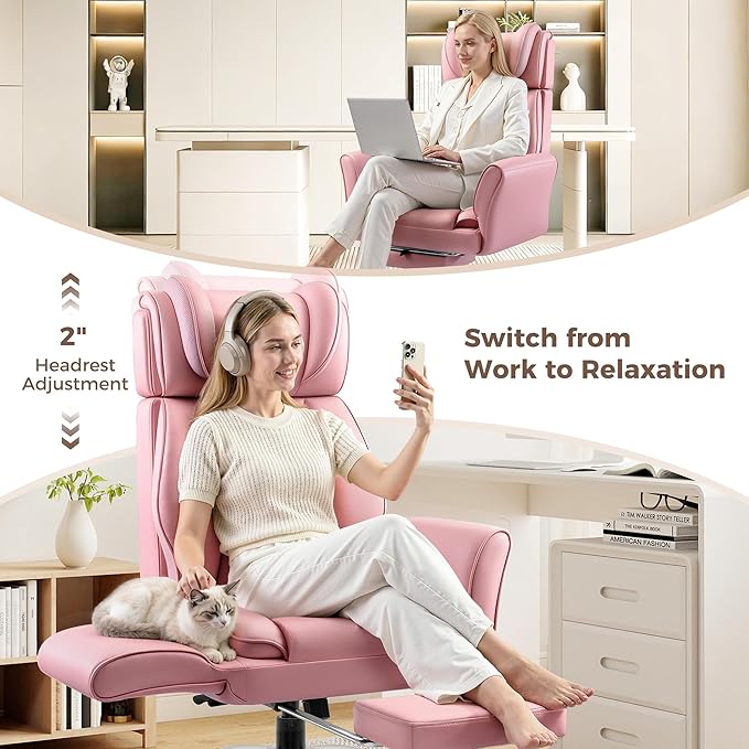Big and Tall Office Chair, Flip Armrests for Cross Legged Sitting, Ergonomic Leather Executive Desk Chair with Foot Rest, High-Back Reclining Computer Chair for Office Home Game - Peach Pink