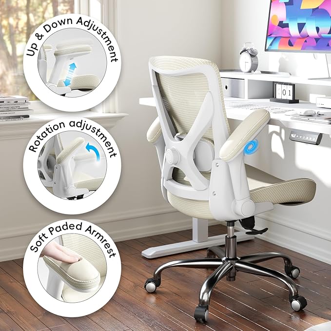 Ergalithic Office Home Ergonomic Desk Chair-Computer X-Shaped Chair Mesh PU Leather with Adjustable Lumbar Support-Executive Chair High Back Flip-Up Arms for Long Hours (Beige-No Headrest)