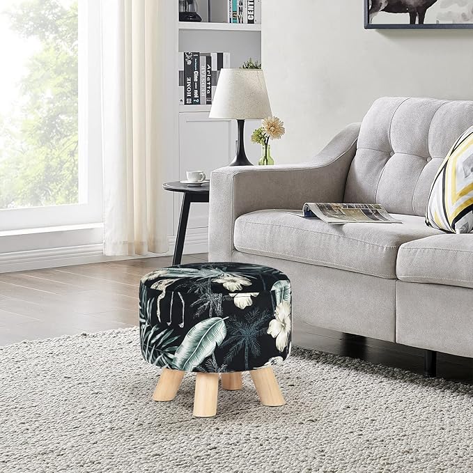 Homebeez Round Ottoman Stool Velvet Foot Rest, Small Footstool with Non-Skid Legs (Blue Flower)