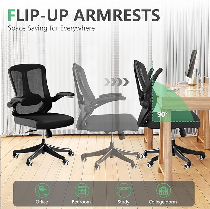 350 LBS Ergonomic Office Computer Mesh Chair - Adjustable Height Rolling Desk Chair with Flip-Up Armrests & High Back Support - Comfortable Swivel Task Chair for Home Office (02BLACK)