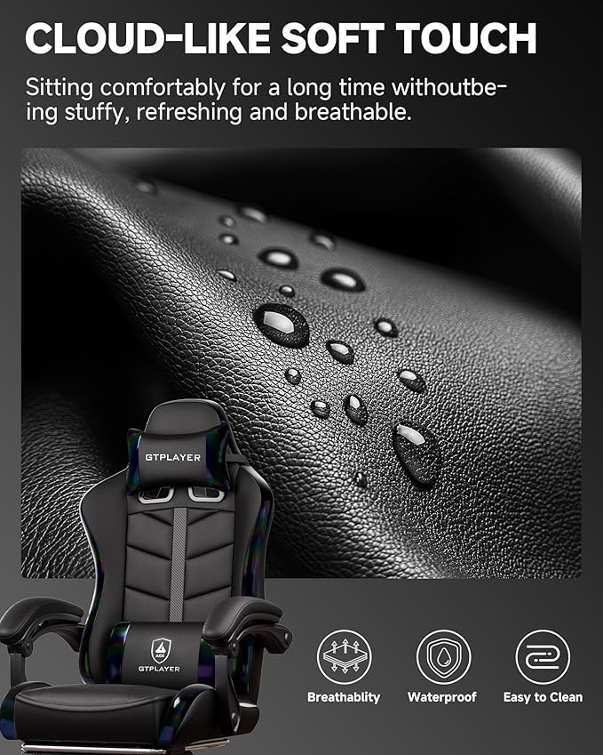 GTPLAYER Gaming Chair for Adults, Ergonomic Computer Gaming Chair with Footrest, Height Adjustable, 90-155° Recline & Removable Headrest Lumbar Support, Colorful Black
