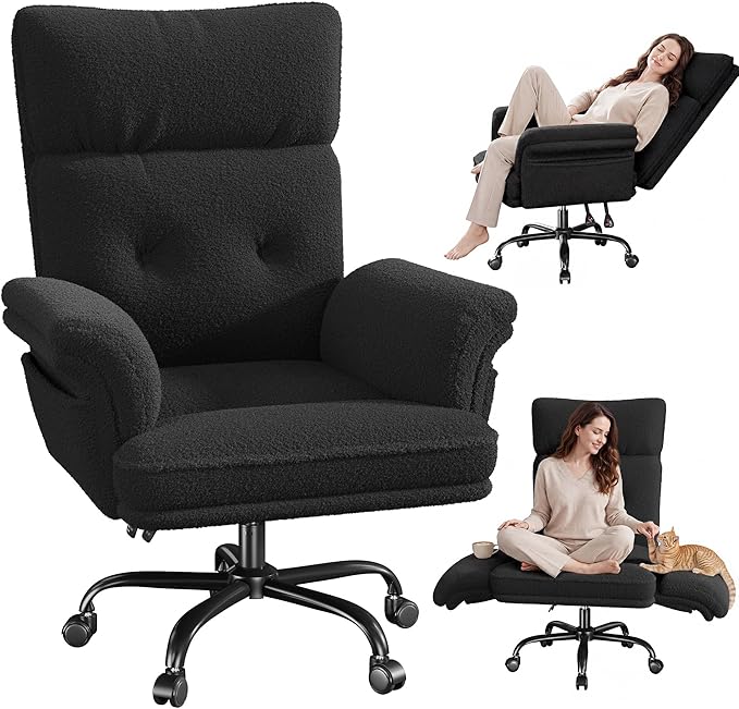 DurayLoly Criss Cross Chair with Wheels and Arms,Teddy Plush Vanity Chair with Side Pockets， Adjustable Home Office Desk Chairs，Computer Chair for Home, Makeup and Office Use,Black