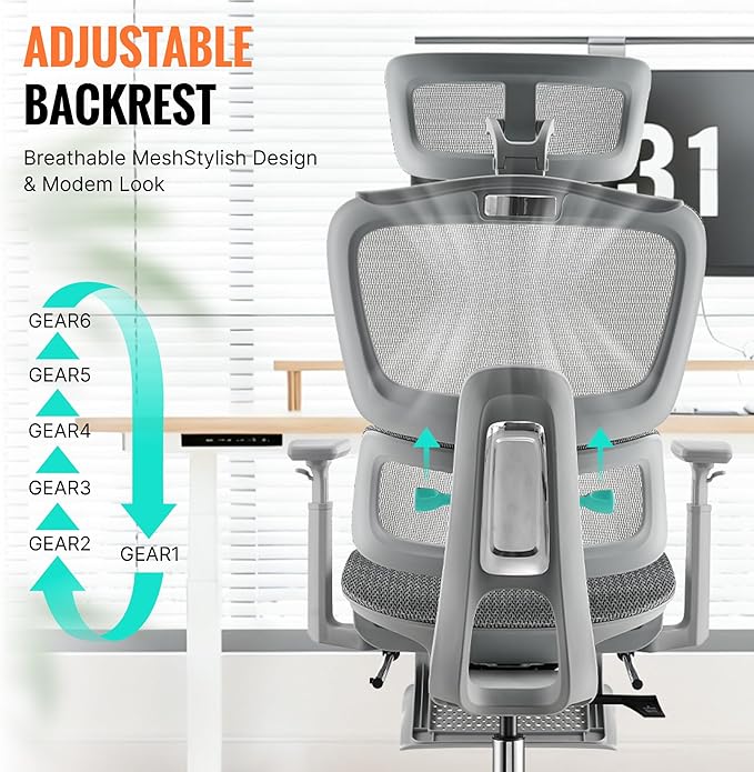 Ergonomic Office Chair, Home Mesh Desk Computer Chair, Comfortable Gaming Chair with Footrest, Wheels, Adjustable 2D Headrest, Lumbar Support, High Back and 3D Armrest, Grey
