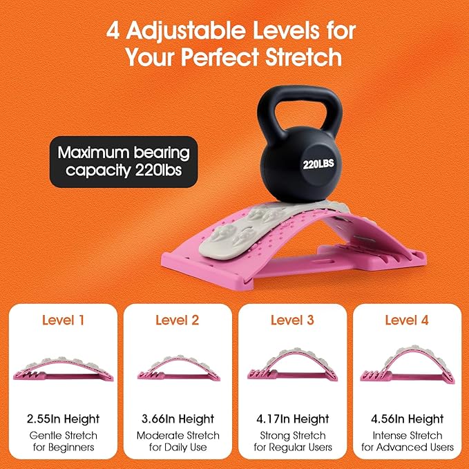 Premium Back Stretcher for Lower Back Pain Relief – 4-Level Adjustable Lumbar Support Board with Soft EVA Massage Strip – Durable & Portable Back Cracker to Release Tension and Reset Your Day (Pink)