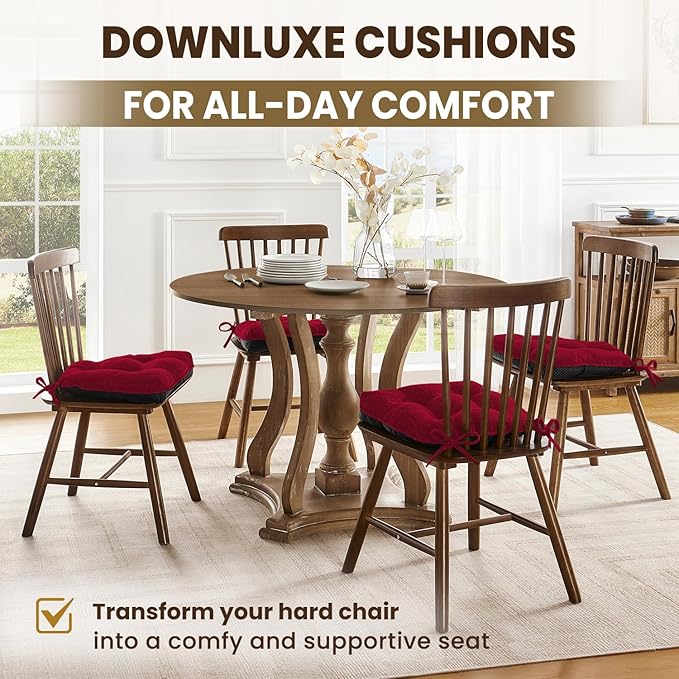 downluxe Indoor Chair Cushions for Dining Chairs, Tufted Overstuffed Textured Kitchen Chair Pads with Ties and Non-Slip Backing, 16.5" x 16.5" x 4", Red, 4 Pack