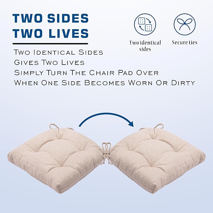 SQUARE MOON D-Shaped 3" Thick Chair Cushions, Chair Pads for Dining Chairs and Kitchen Chairs, Indoor Dining Room Seat Cushions with Ties, Machine Washable, 17" x 16" x 3", 4/Pack, Beige