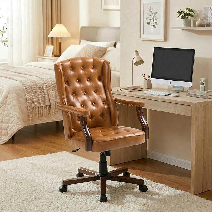 Executive Office Chair, Ergonomic Faux Leather Desk Chair with Wingback Design, Swivel Adjustable Home Office Chair for Computer Desk, Comfortable Task Chair for Home Office, Brown