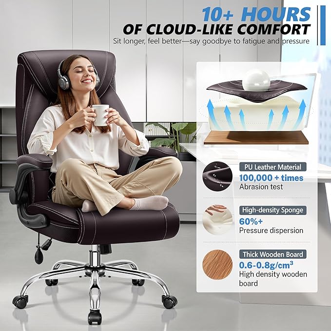Office Chair, Big and Tall Ergonomic Desk Chair, Executive Leather Computer Chair with Adjustable Lumbar Support, Comfy Gaming Chair with Flip Up Arms, Swivel PC Chair with Rocking Function, Coffee