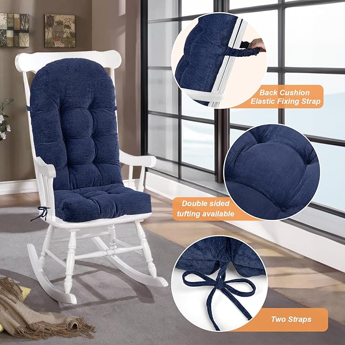 Rocking Chair Cushion - Chenille Fabric, High-Density Sponge, Durable Comfort Double-Sided Tufted Seat Pads with Ties, Chenille︱Deep Blue, 44x19x4 inch