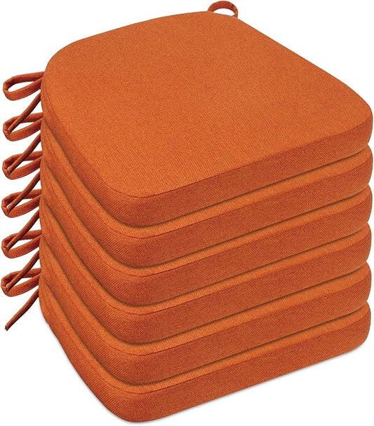 Sunsleek Chair Cushions for Dining Chairs, D-Shaped Seat Cushions with Removable Washable Cover and Ties, Chair Pads for Kitchen, Indoor Dining Room, Patio Chairs, 17'' x 16'', Set of 6, Orange