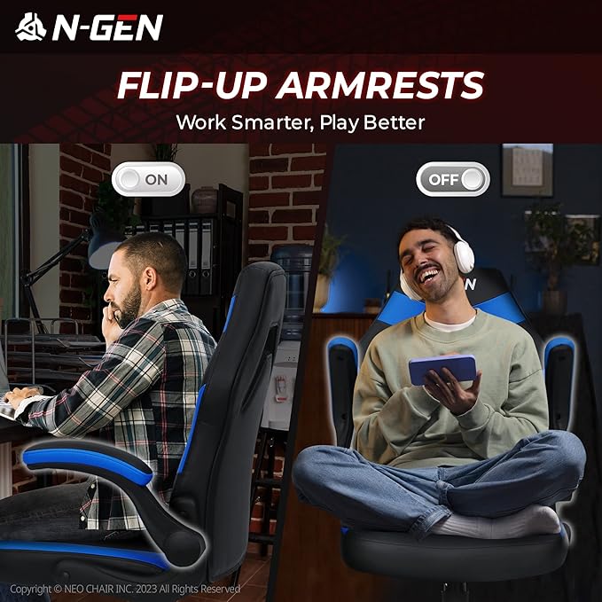 N-GEN Video Gaming Chair Ergonomic Computer Desk Office Chair with Lumbar Support Adjustable Height Swivel Wheels Flip-Up Arms PU Leather Home and Office (Classic Blue)