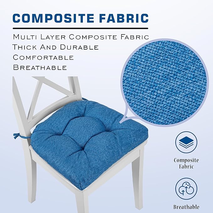 SQUARE MOON D-Shaped 3" Thick Chair Cushions, Chair Pads for Dining Chairs and Kitchen Chairs, Indoor Dining Room Seat Cushions with Ties, Machine Washable, 17" x 16" x 3", 4/Pack, Blue