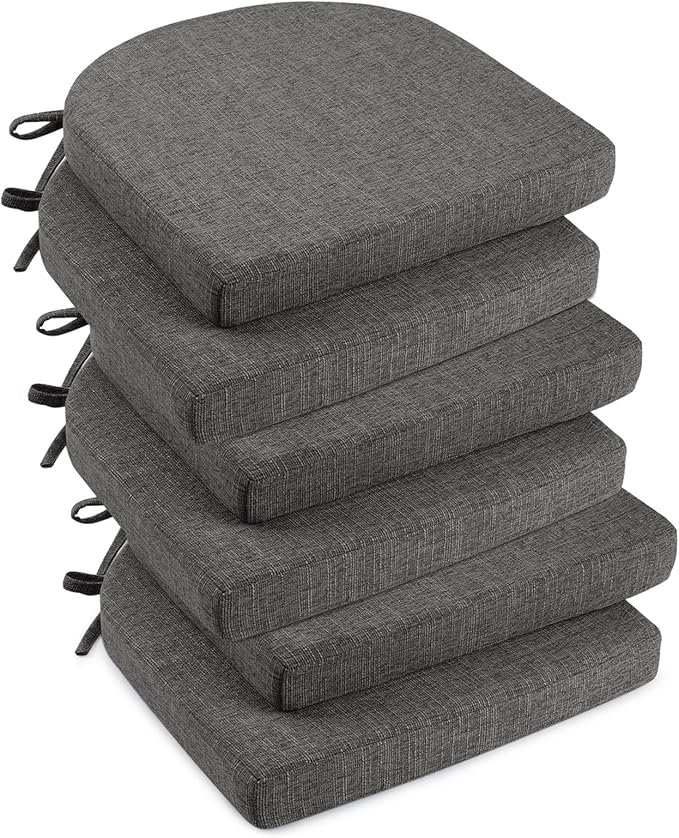downluxe Indoor Chair Cushions for Dining Chairs, Soft and Comfortable Textured Foam Kitchen Chair Pads with Ties and Non-Slip Backing, 16" x 16" x 2", Dark Grey, 6 Pack
