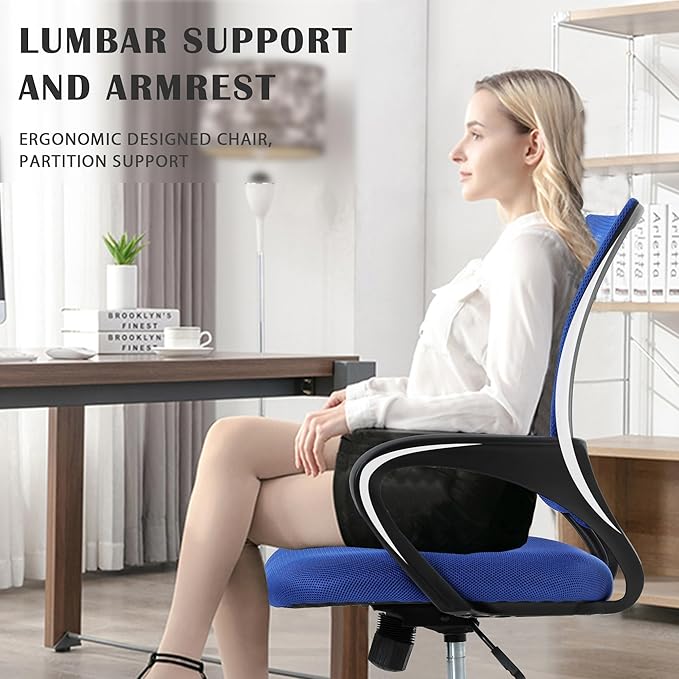 Adjustable Computer Chair With Lumbar Support, Breathable Mesh Backrest for Home Office, Student, Adults, Study, Dorm - Small Desk Chair, Blue