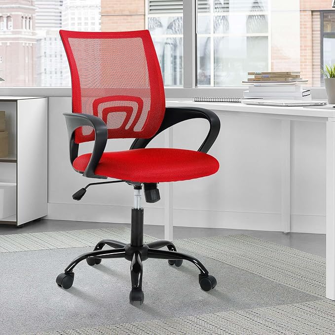 MKDLUFEI Office Chair, Ergonomic Cheap Desk Chair with Lumbar Support, Adjustable Mid Back Task Rolling Swivel for Home Office Student, Adults,Study, Red