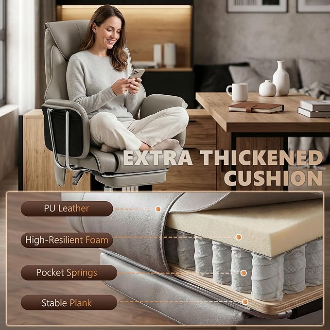 HOMCOM Massage Office Chair with 6-Point Vibration, Overstuffed Reclining Desk Chair with High Back, PU Leather, Footrest, Thick Spring Cushion, Lumbar Support, Grey